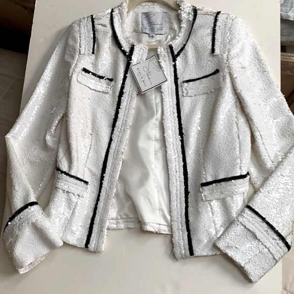 Stevie Mac 🖤🤍NYC Hand Made Couture Like White Sequin Blazer Black Fringe Trim - Picture 2 of 15